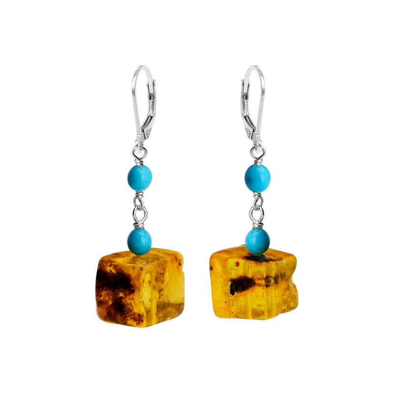 Chunky Cognac Baltic Amber and Turquoise Sterling Silver Earrings