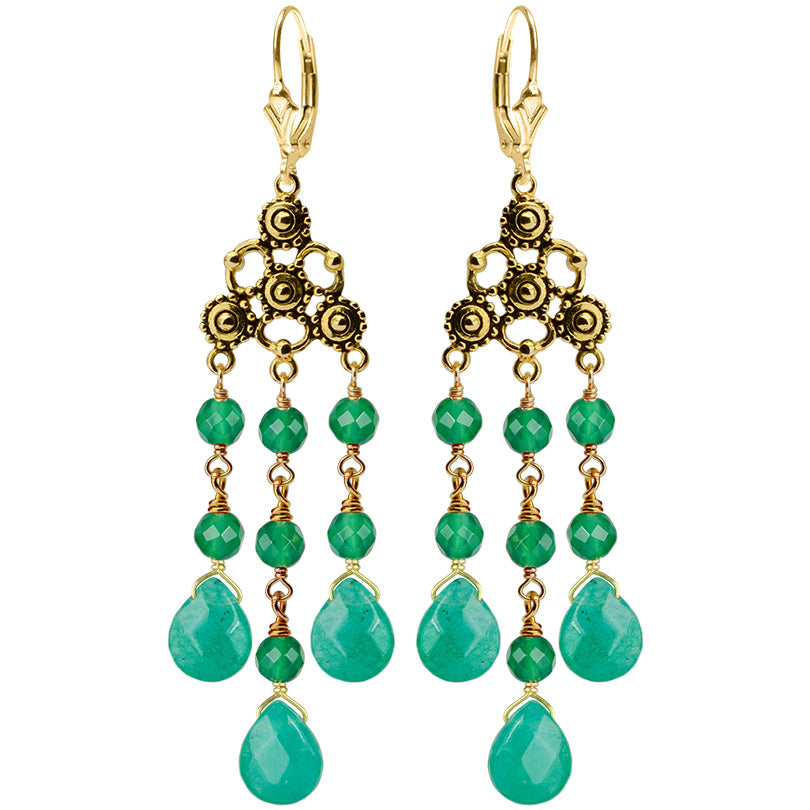 Gorgeous Emerald Green Color Jade Chandelier Gold Filled Lever-Back Earrings