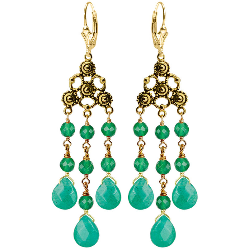 Gorgeous Emerald Green Color Jade Chandelier Gold Filled Lever-Back Earrings
