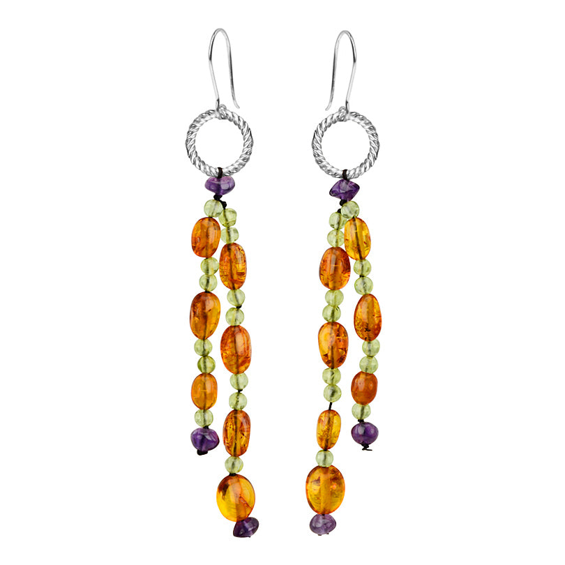 Lovely Cognac Baltic Amber, Peridot and Amethyst Sterling Silver Earrings