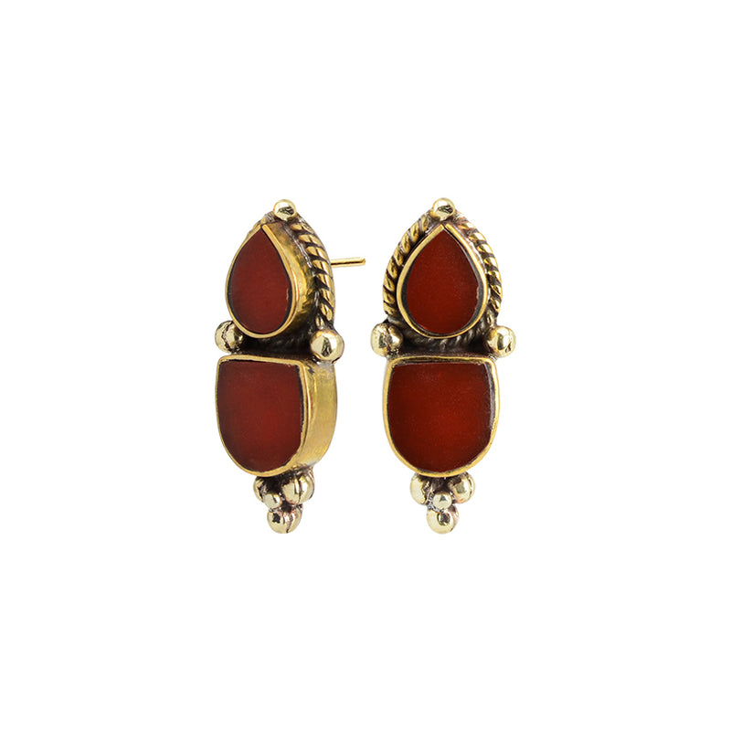 Deep Red Nepal Double Stone Himalayan Coral Gold Plated Statement Earrings