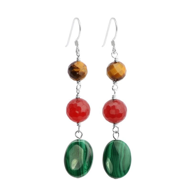 Exquisite Malachite, Tiger's Eye and Red Jade Sterling Silver Earrings