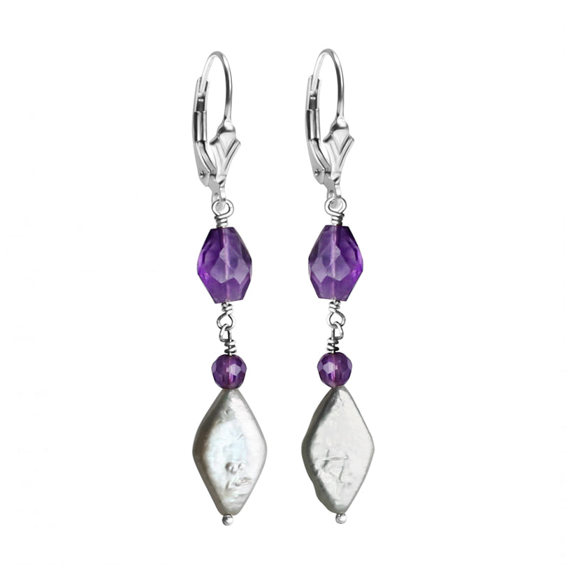 Charming Amethyst and Fresh Water Pearl Sterling Silver Earrings
