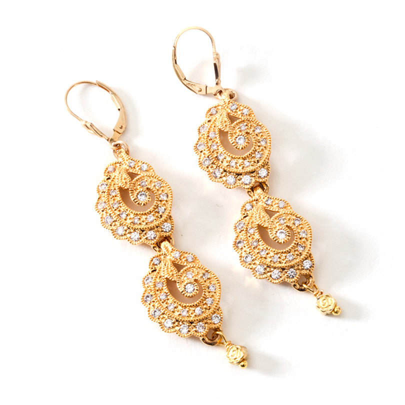 Victorian Majesty Crystal Cubic Zirconia 14kt Gold Plated Earrings Gold Filled Hooks 2 Drops
