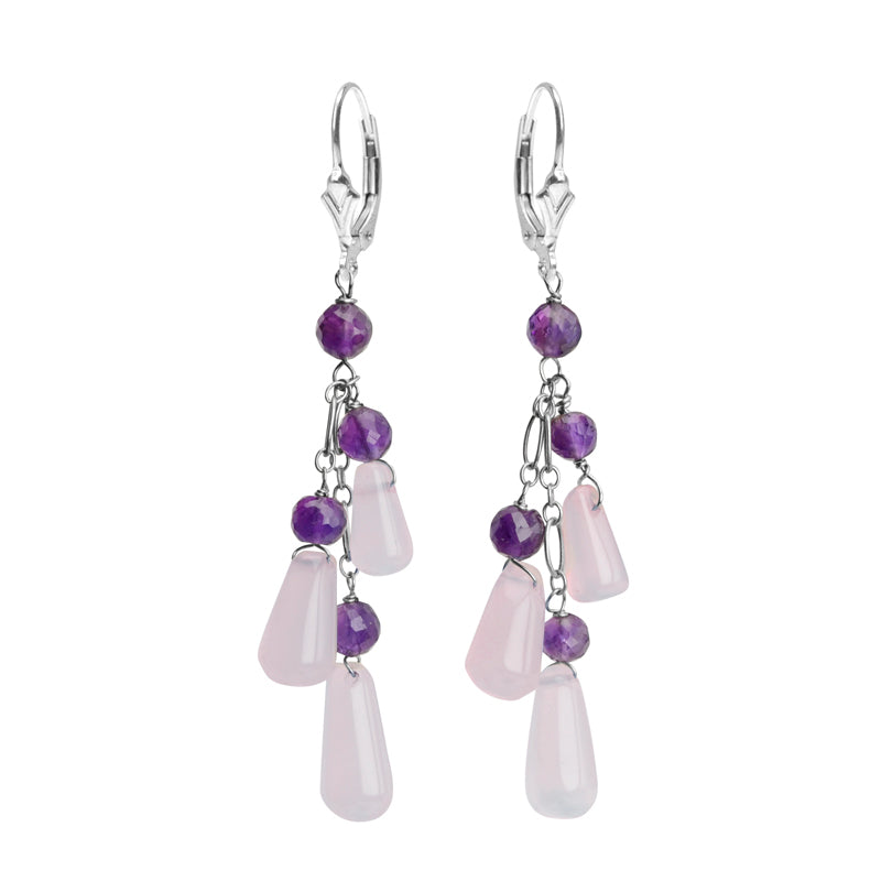 Lavender Chalcedony and Faceted Amethyst Sterling Silver Earrings