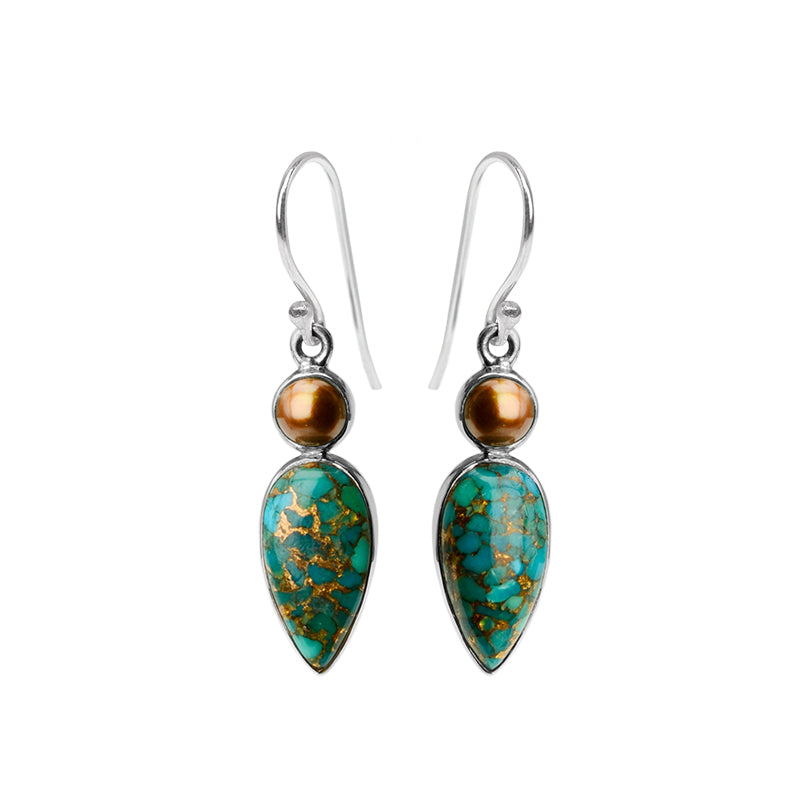 Earthy Turquoise with Bronze Veins and Bronze Pearl Sterling Silver Earrings
