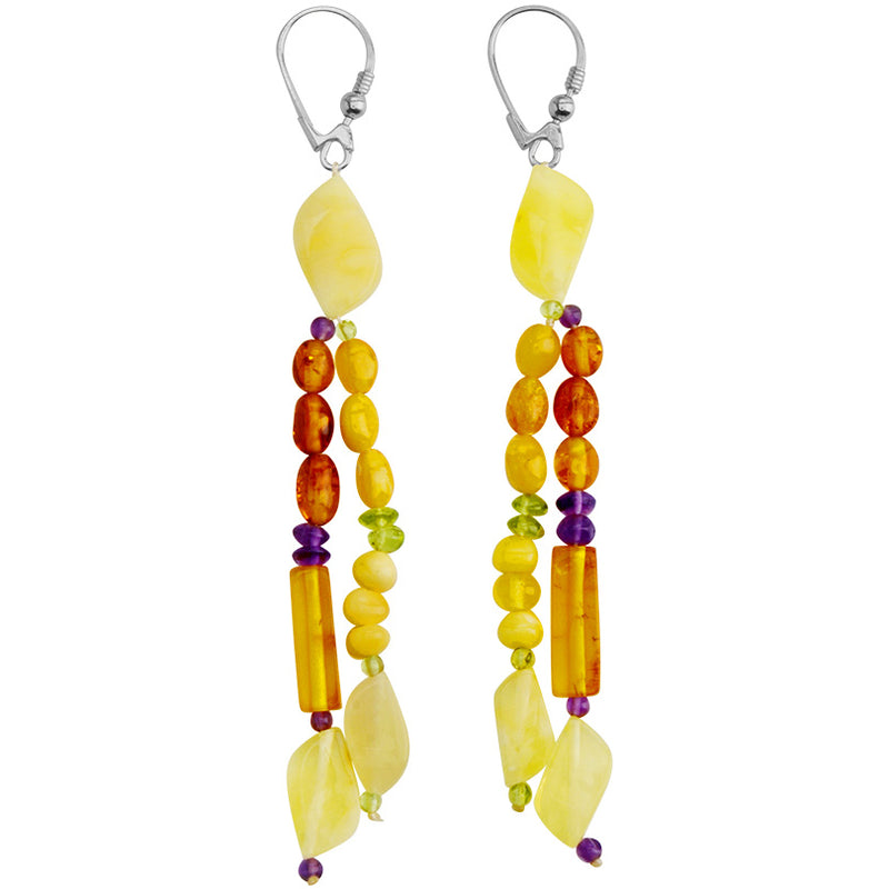 Polish Designer Yellow & Cognac Baltic Amber with Peridot & Amethyst Accents Sterling Silver Earrings