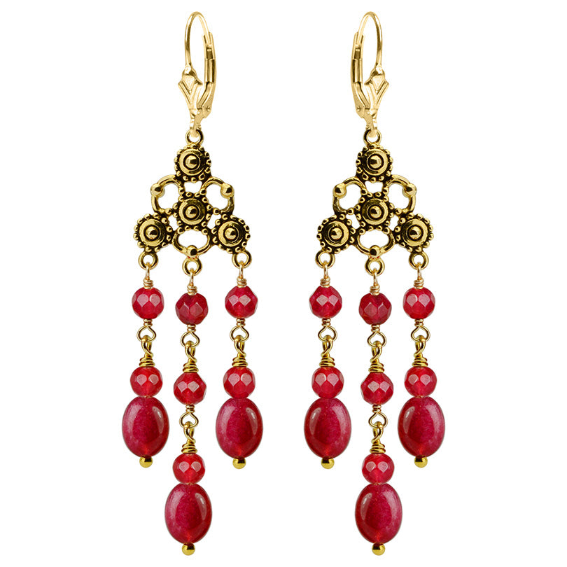 Gorgeous Chandelier Ruby Color Jade Gold Filled Lever-Back Earrings