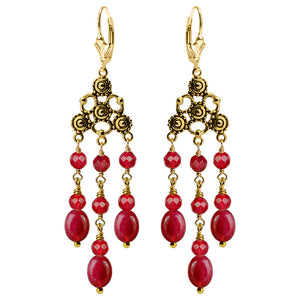 Gorgeous Chandelier Ruby Color Jade Gold Filled Lever-Back Earrings