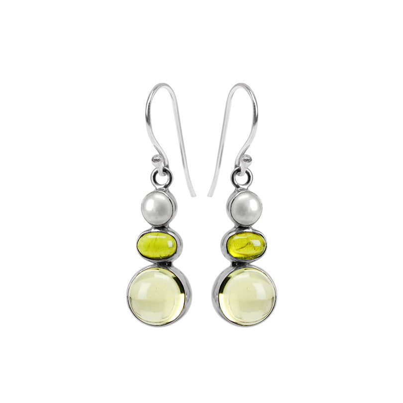 Beautiful Clear Lemon Quartz, Green Idocrase & Pearl Sterling Silver Earrings