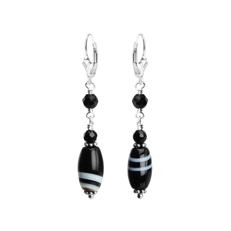 Petite Black Onyx with Natural White Strips Sterling Silver Earrings