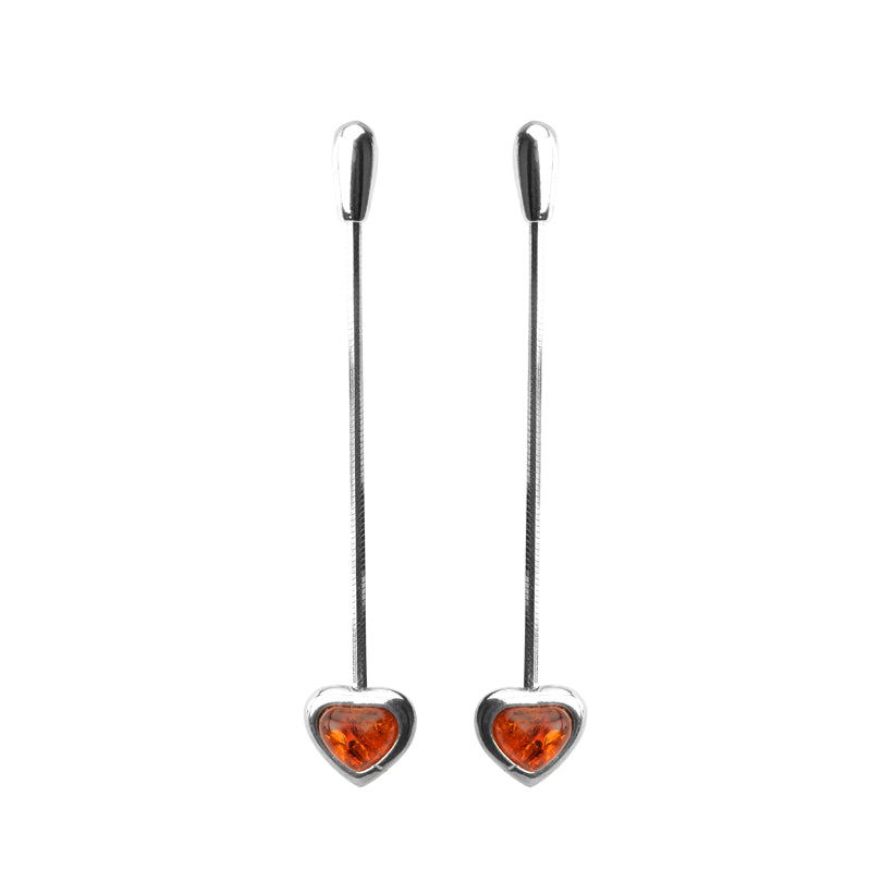 Designer Cognac Baltic Amber Sterling Silver Heart Earrings
