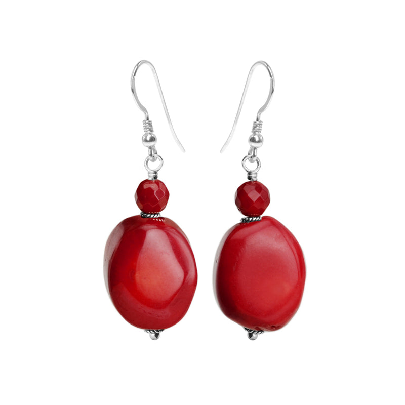 Gorgeous Red Chunky Bamboo Coral Stone Sterling Silver Statement Earrings