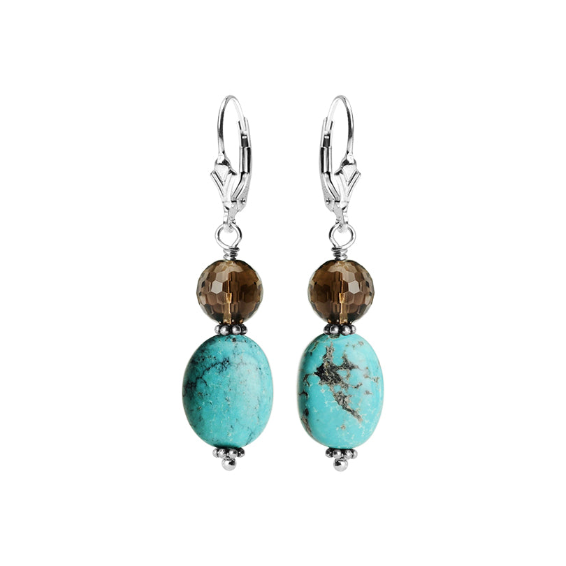 Genuine Turquoise and Smoky Quartz Sterling Silver Statement Earrings