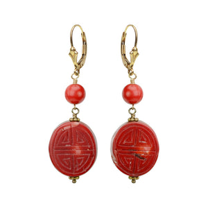 Unique Design Carved Coral Stone Earrings on Gold Filled Lever Back Hooks