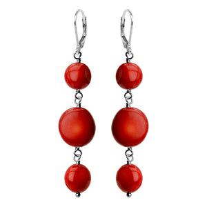 Vibrant Red Coral 3-Tier Dangle Sterling Silver Earrings