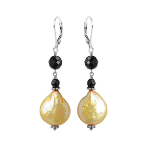 Shimmering Golden Yellow Coin Pearl and Black Onyx Sterling Silver Earrings