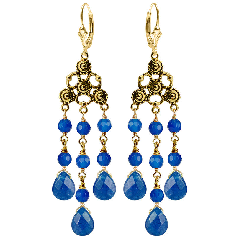 Gorgeous Royal Blue Jade Chandelier Gold Filled Lever-Back Statement Earrings