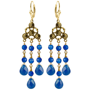 Gorgeous Royal Blue Jade Chandelier Gold Filled Lever-Back Statement Earrings