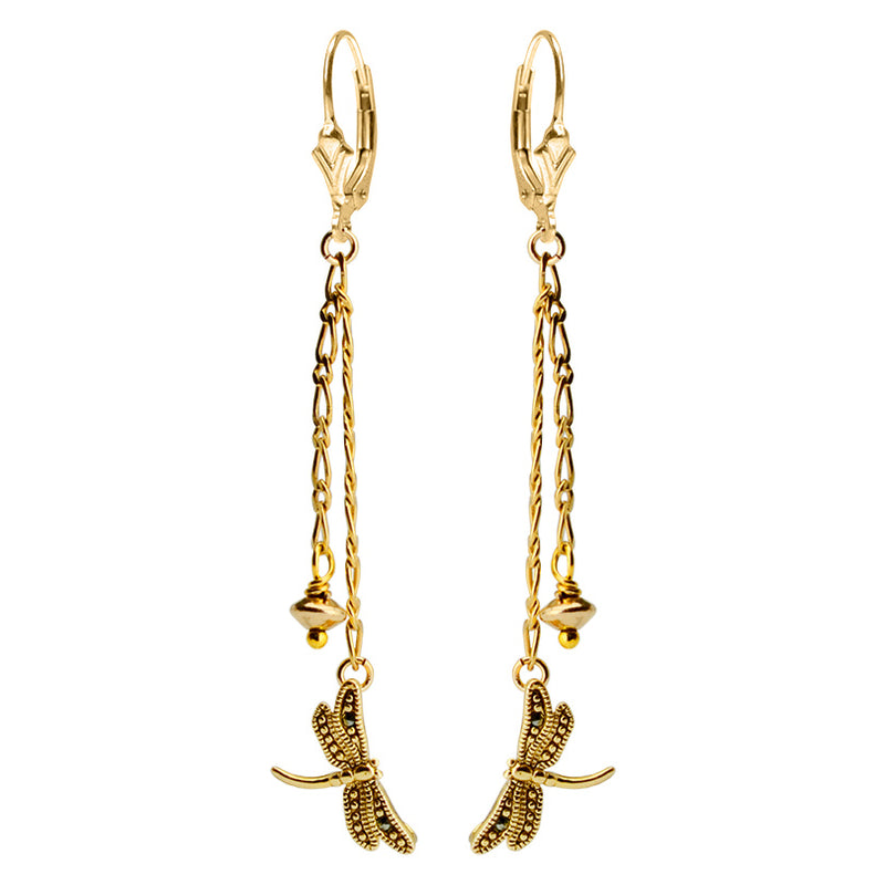 Petite Gold Plated Dragonflies and Marcasite on Gold Filled Lever Back Earrings