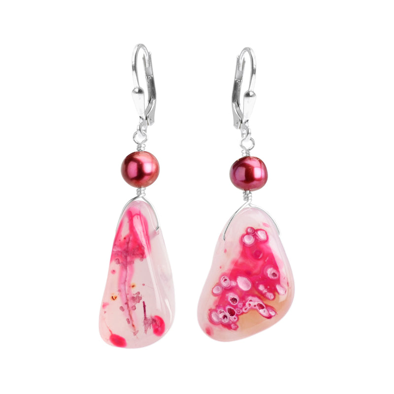 Gorgeous Red Rose Agate and Fresh Water Pearl Sterling Silver Earrings