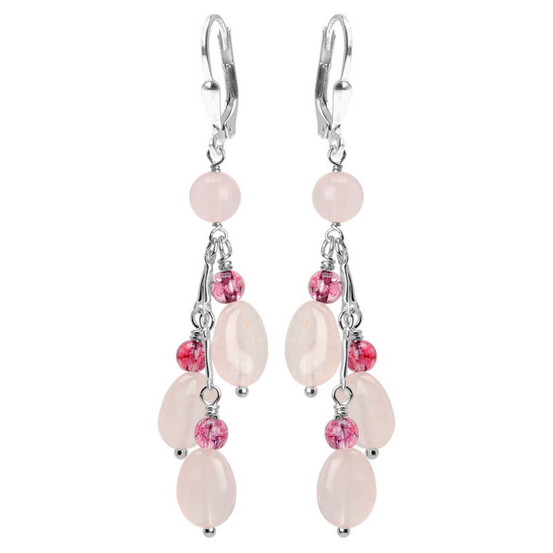 Romantic Cherry Blossom Pink Rose Quartz and Rosy Tourmaline Glass Accent Sterling Silver Earrings