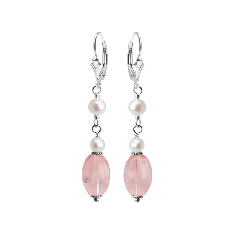Lovely Cherry Quartz and Fresh Water Pearl Sterling Silver Earrings