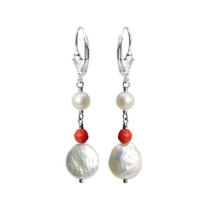 Shimmering Coin Pearl and Coral Sterling Silver Earrings
