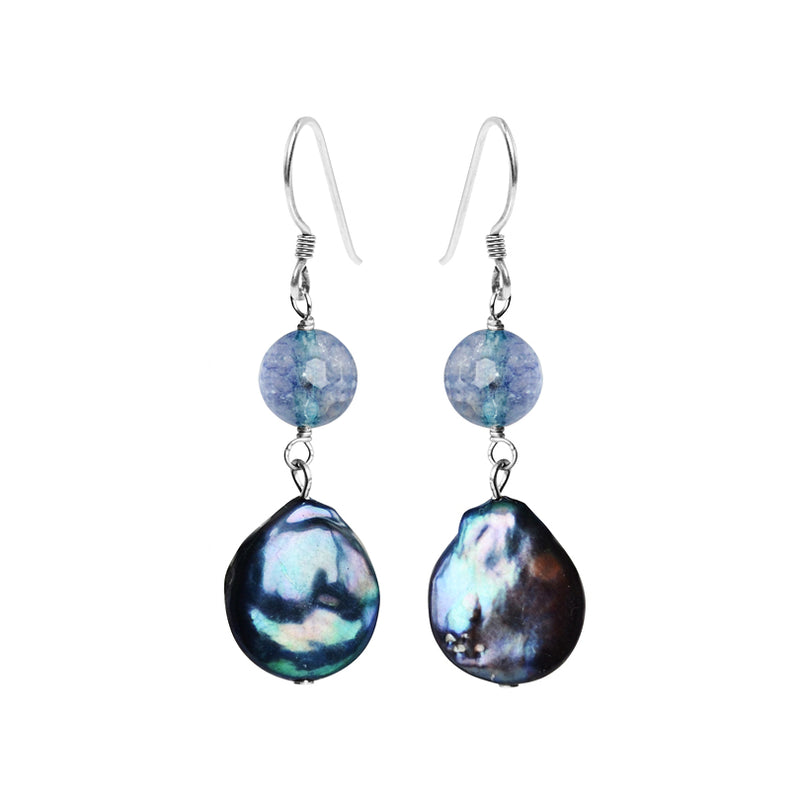 Brilliant Blue Coin Pearl and Blue Agate Sterling Silver Earrings