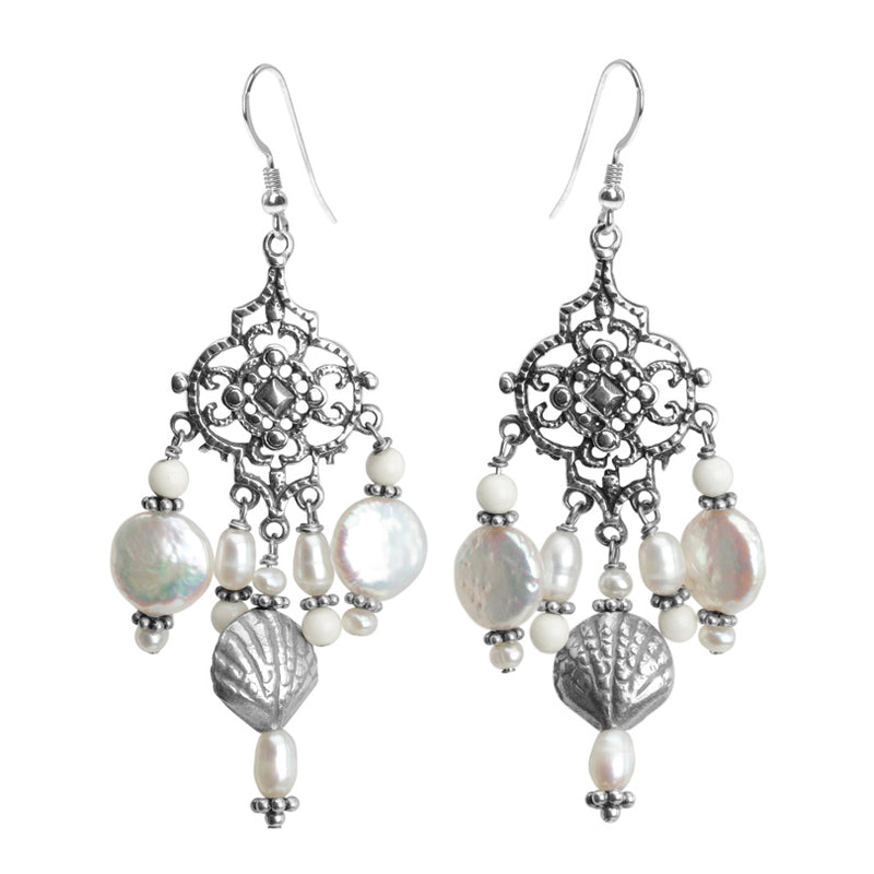 Magnificent Fresh Water Coin Pearl Sterling Silver Shell Statement Earrings