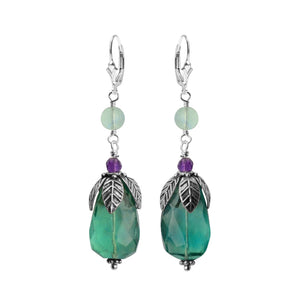 Gorgeous Green Faceted Fluorite and Amethyst in Leaf Design Sterling Silver Statement Earrings