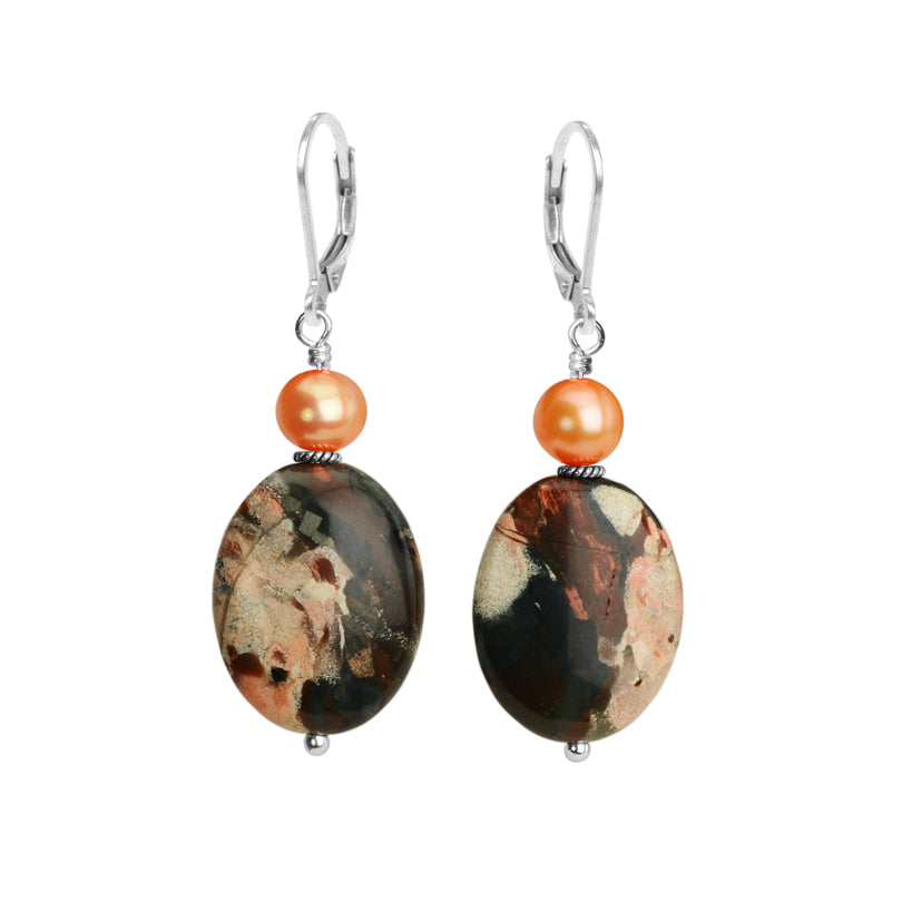 Rich Colors of Jasper and Fresh Water Pearl Sterling Silver Earrings
