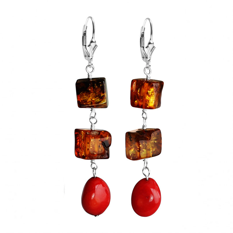 Amber and Coral Sterling Silver Earrings