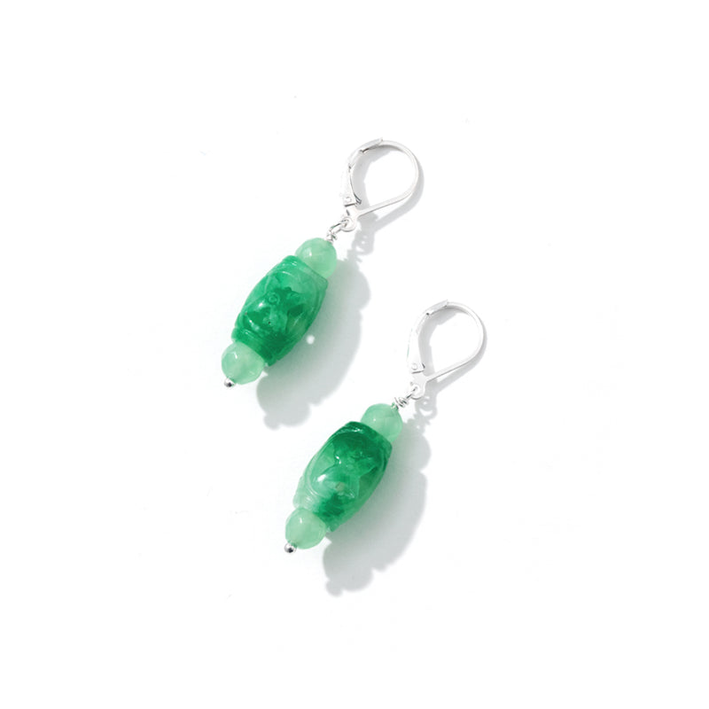 Amazing Apple Asian Green Carved Jade Sterling Silver Statement Earring