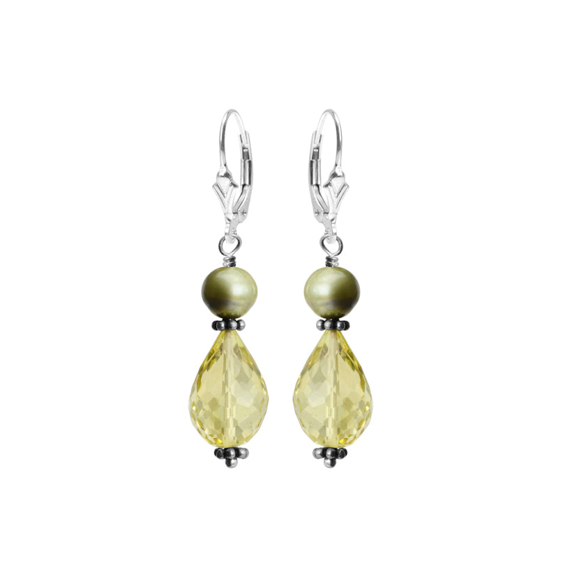 Really Pretty Faceted Lemon Quartz and Fresh Water Pearl Sterling Silver Earrings