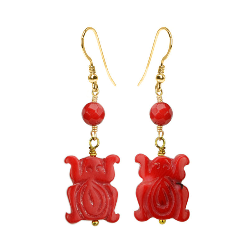 Darling Hand Carved Frogs Coral Gold Filled Earrings