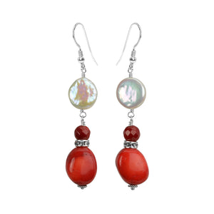 Elegant Coral and Freshwater Coin Pearl Sterling Silver Earrings