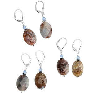Beautiful Natural Striped Agate with Blue Crystal Accent Sterling Silver Earrings