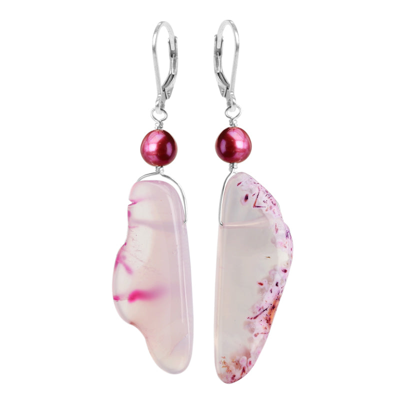 Rose Agate and Fresh Water Pearl Sterling Silver Earrings