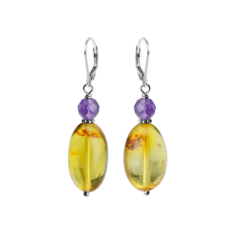 Gorgeous Golden Baltic Amber and Amethyst Sterling Silver Earrings