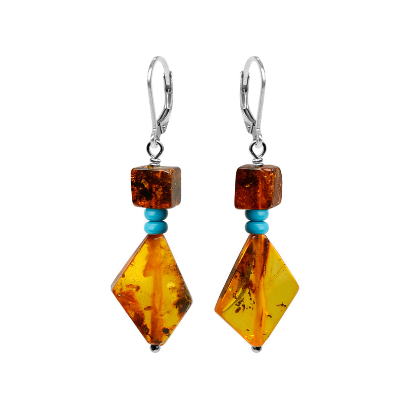 Flirty Cognac Baltic Amber and Magnesite-Turquoise Sterling Silver Earrings