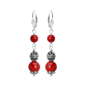 Vibrant Red Coral Sterling Balinese Design Filigree Silver Statement Earrings