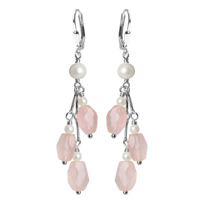 Romantic Petal Pink Rose Quartz And Lustrous Fresh Water Pearl Sterling Silver Earrings