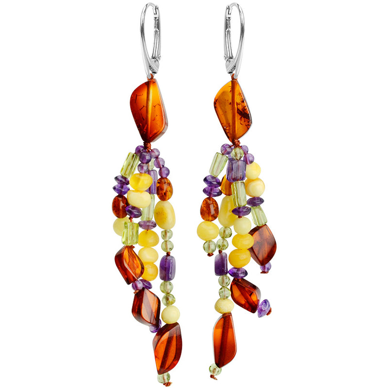 Gorgeous Baltic Amber with Peridot and Amethyst Sterling Silver Statement Earrings