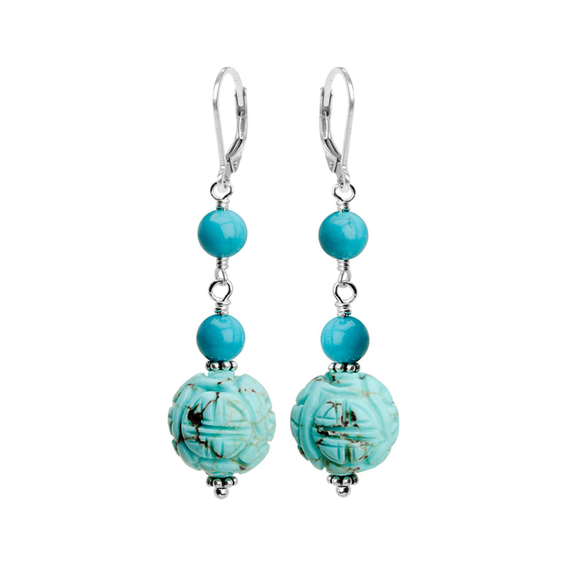 Beautiful Carved Blue Chalk Turquoise Sterling Silver Earrings