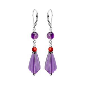 Festive Amethyst and Coral Sterling Silver Earrings