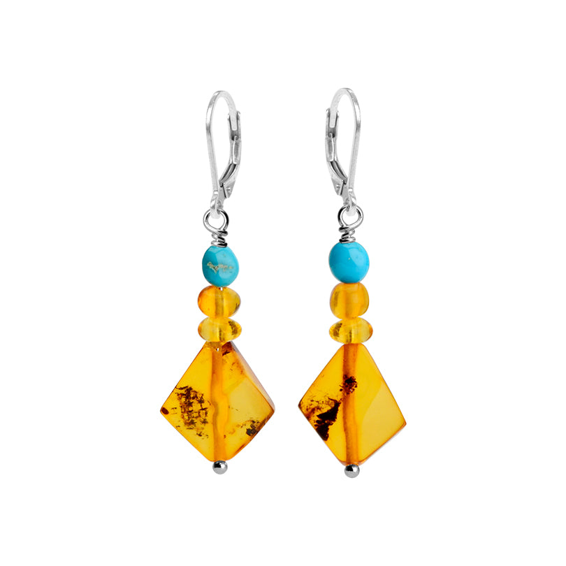 Golden Honey Cognac Baltic Amber and Sleeping Beauty Turquoise Sterling Silver Earrings