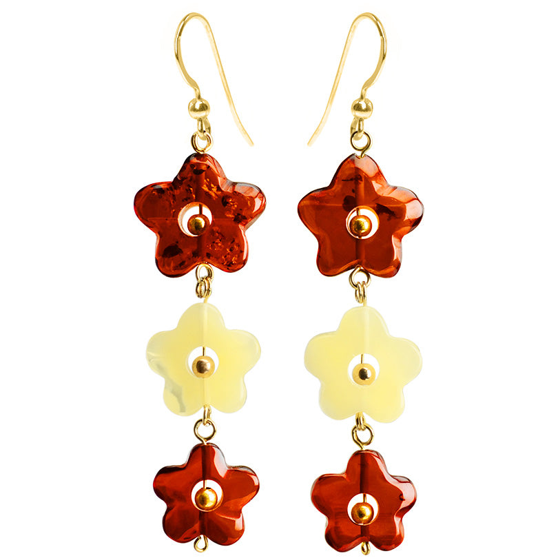 Polish Designer Carved Baltic Amber Gold Filled Flower Earrings