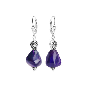 Genuine Amethyst Balinese Accent Sterling Silver Statement  Earrings