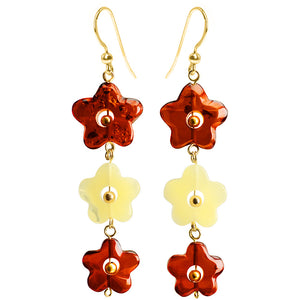 Polish Designer Carved Baltic Amber Gold Filled Flower Earrings